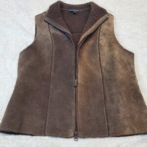 Vintage Express Brown Leather Sherpa Zipper‎ Vest Medium Y2K Retro Bohemian Boho